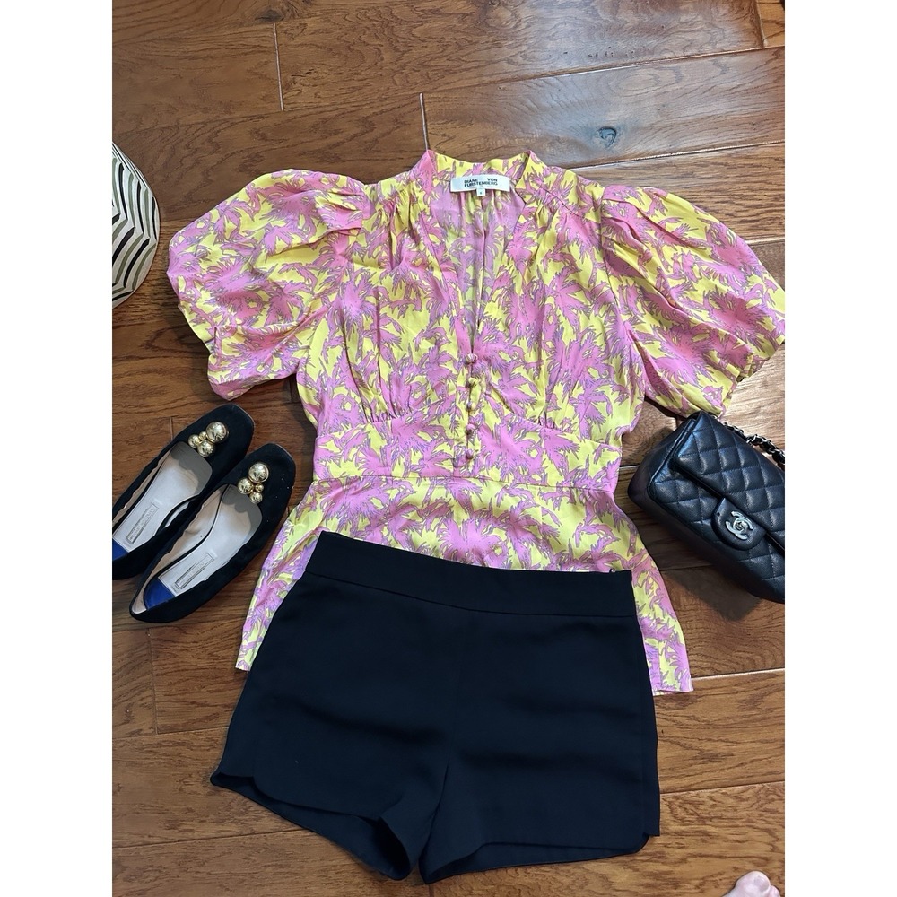 Diane von Furstenberg DVF Silk Pink Yellow Palm Print Puff Sleeve Top Blouse 4
